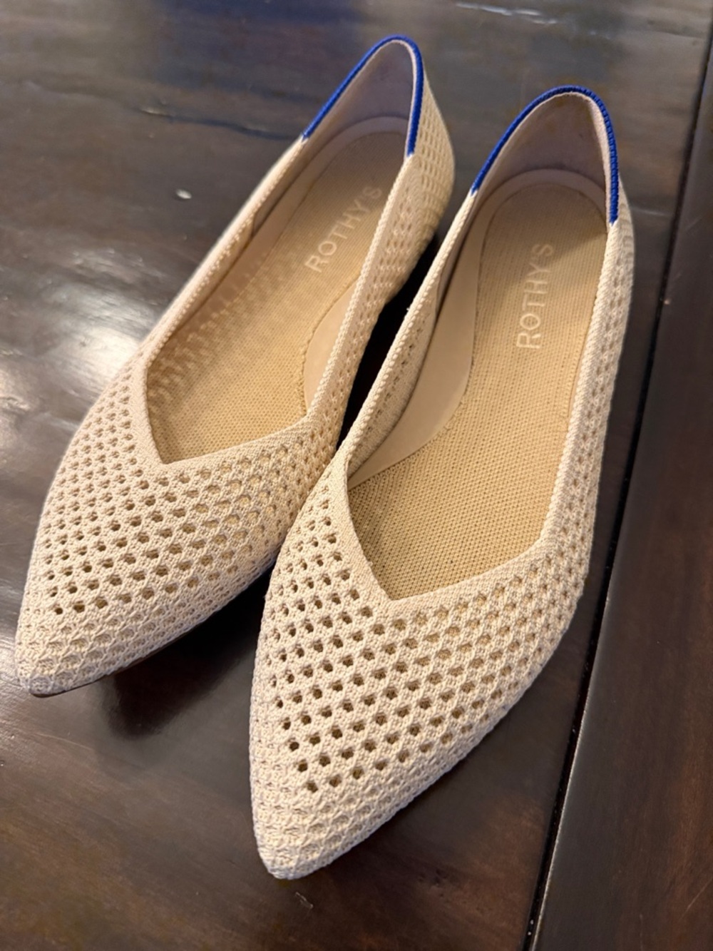 Rothy's Cream Knit Pointed Ballet Flats with Blue Trim